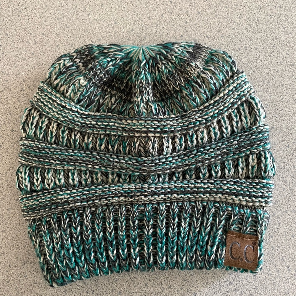C.C Multicolor Knit Beanie - Teal, Black, and White
